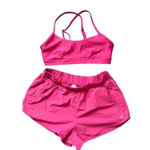 Alo Yoga Hot Pink Activewear Set Strappy Sports Bra and Running Shorts Womens S